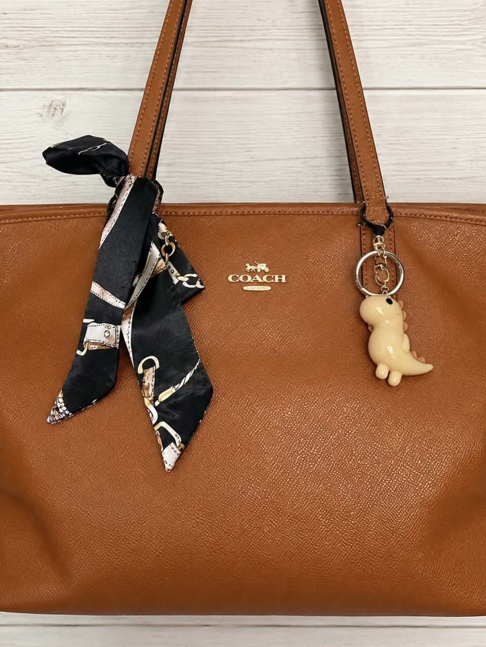 Coach Tan Leather Tote with Black Scarf and Beige Charm